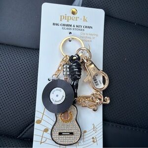 Piper K Bag Charm Gold and Black Guitar Keychain